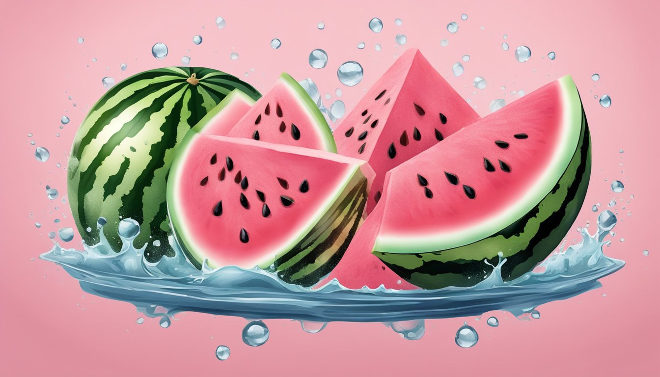 A watermelon sliced open, revealing its vibrant pink flesh and black seeds, surrounded by droplets of water