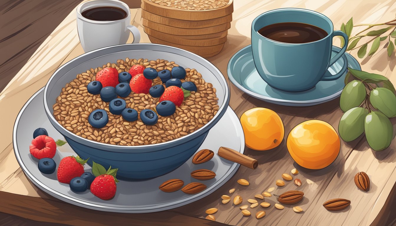 A rustic kitchen table set with a bowl of spelt berries, fresh fruits, nuts, and honey, with a steaming cup of coffee on the side