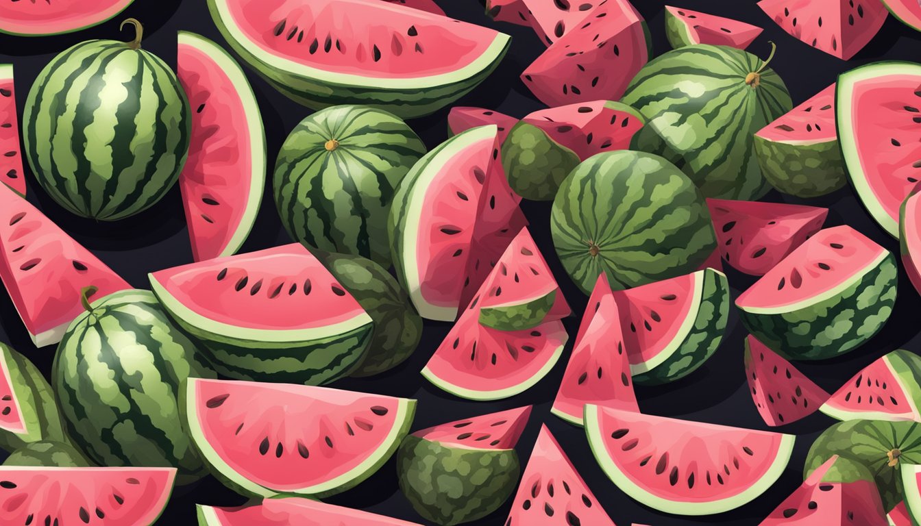 A variety of watermelons arranged on a wooden table, with one sliced open to reveal the vibrant pink flesh and black seeds