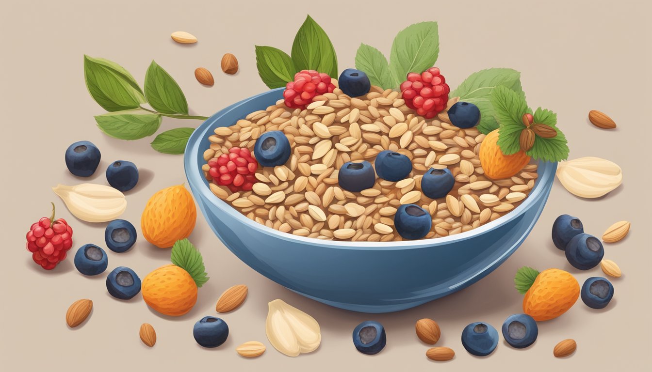 A bowl of spelt berries surrounded by various fruits, nuts, and seeds, with a glass of almond milk on the side