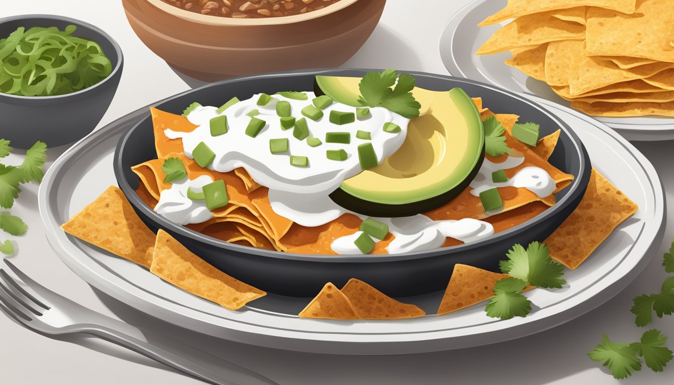 A plate of chilaquiles rojos topped with cheese, cilantro, and sour cream, accompanied by refried beans and sliced avocado