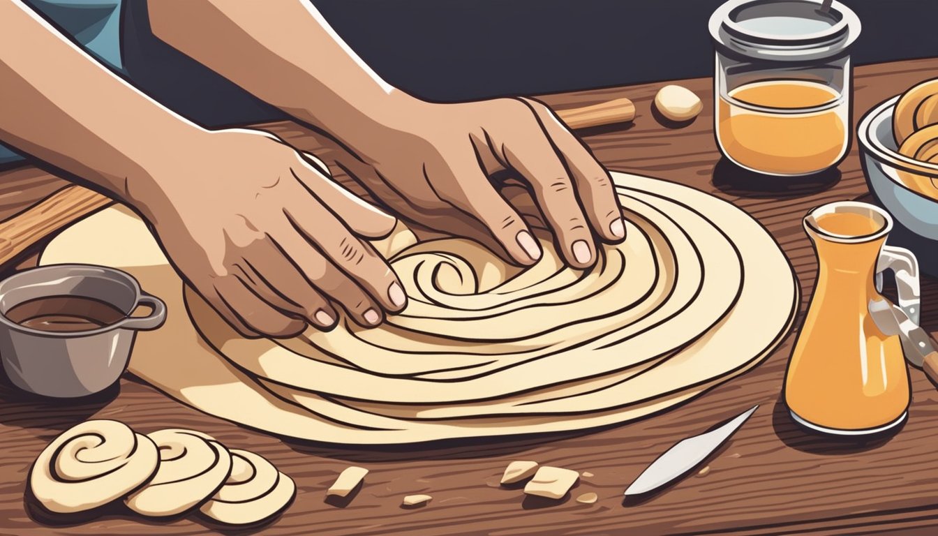 A pair of hands shaping and cutting dough for homemade breakfast cinnamon rolls