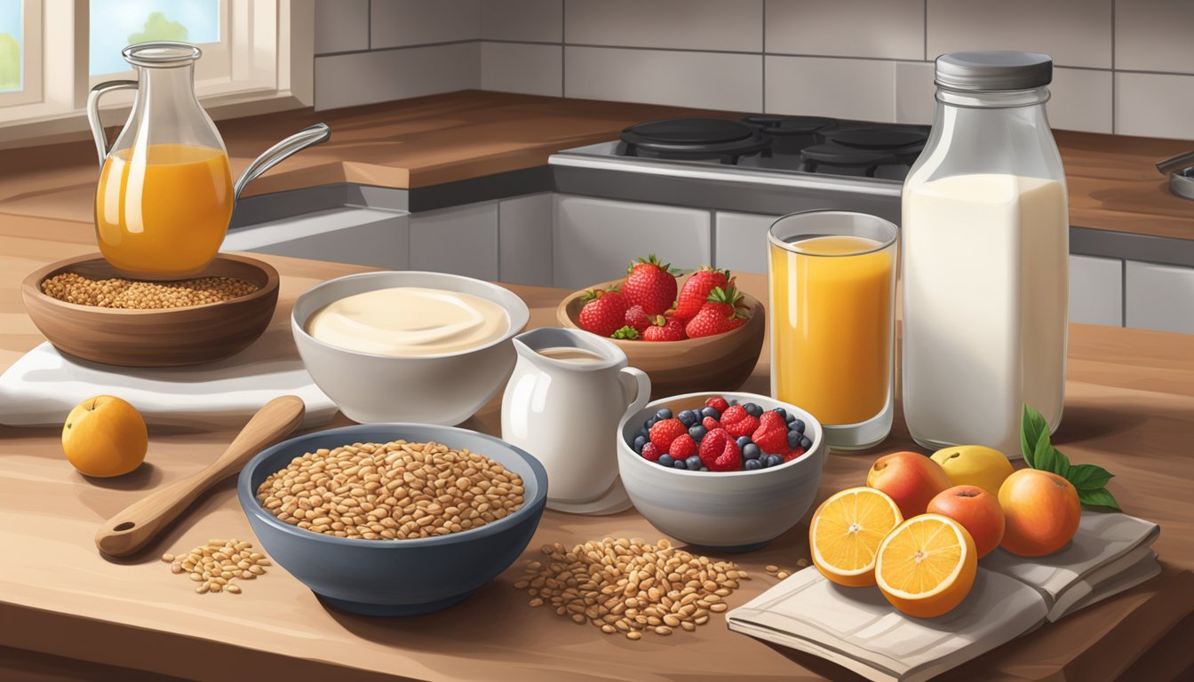 A rustic kitchen counter displaying a bowl of spelt berries, alongside ingredients like milk, honey, and fresh fruit, with a cookbook open to a breakfast spelt recipe