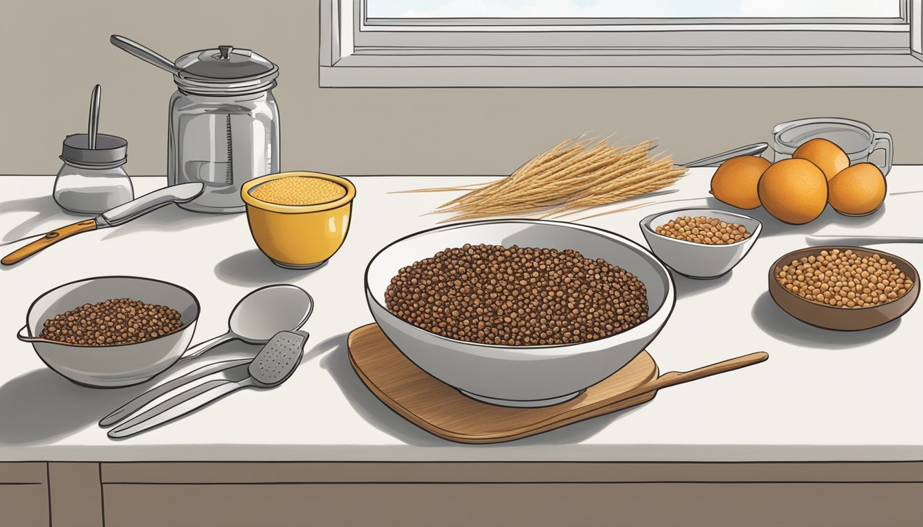 A kitchen counter with a bowl of spelt berries, a variety of cooking utensils, and a cookbook titled "Advanced Techniques and Tools" open to a breakfast recipe page