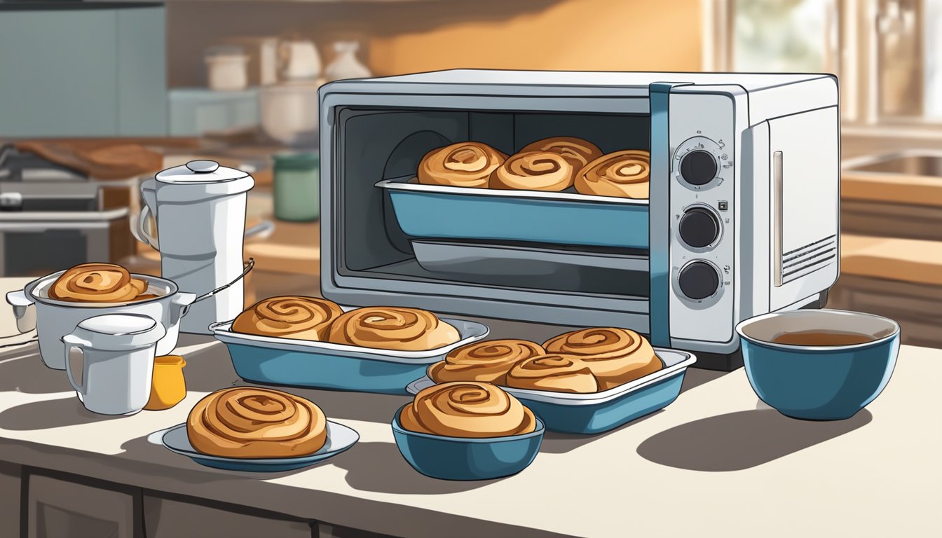 A kitchen counter with freshly baked cinnamon rolls cooling on a wire rack, a microwave for reheating, and a container for storing the leftover rolls