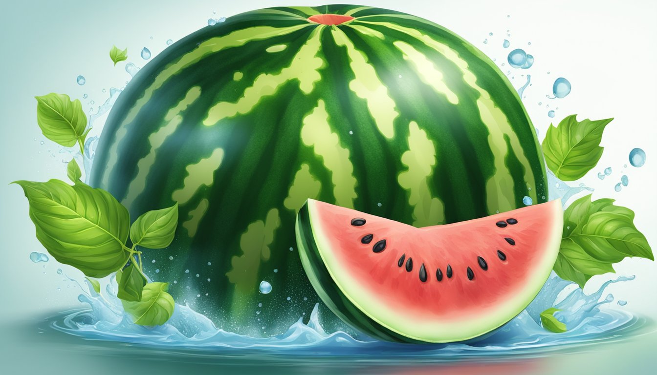 A ripe watermelon surrounded by vibrant green leaves, with droplets of water glistening on its smooth surface