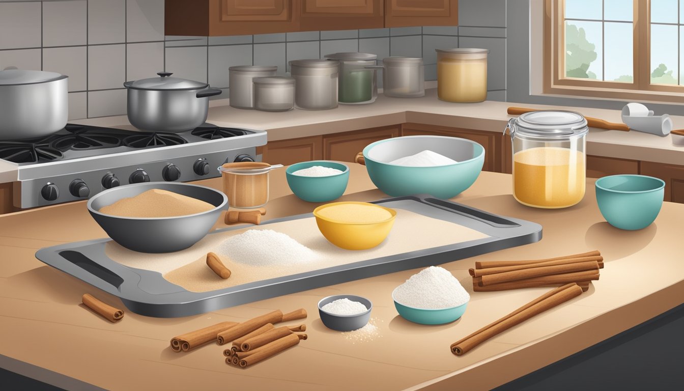 A kitchen counter with ingredients and utensils for making cinnamon rolls, including flour, sugar, cinnamon, a rolling pin, and a mixing bowl