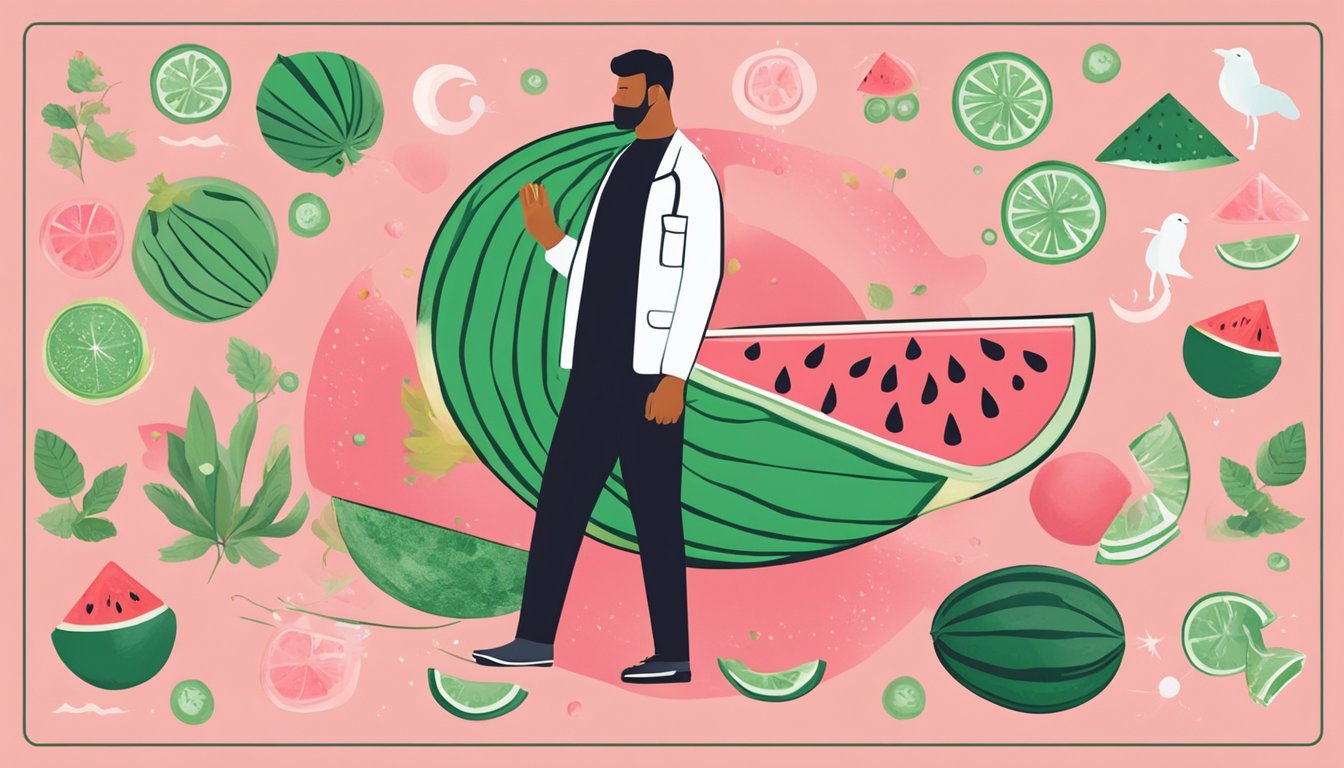 A watermelon slice surrounded by cancer prevention symbols and a male silhouette