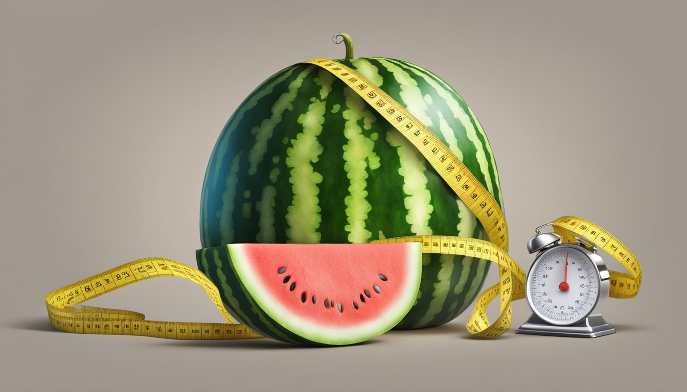 A watermelon surrounded by measuring tape and a scale