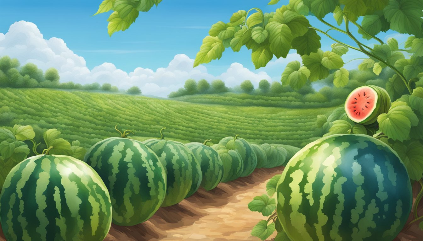 A watermelon patch with ripe fruit, surrounded by lush green vines and clear blue skies