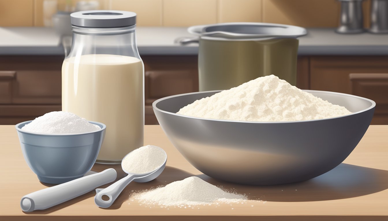 A bowl of flour, eggs, and milk on a countertop, with a whisk and measuring cups nearby