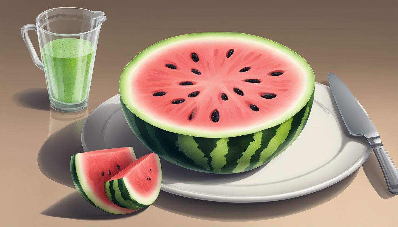 A watermelon slice on a plate with a measuring cup beside it