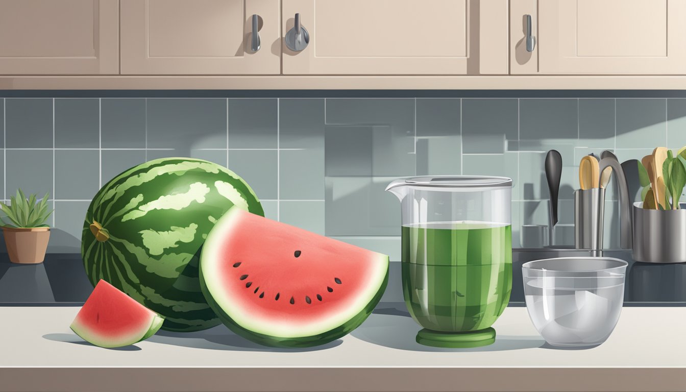 A watermelon and a measuring cup on a kitchen counter