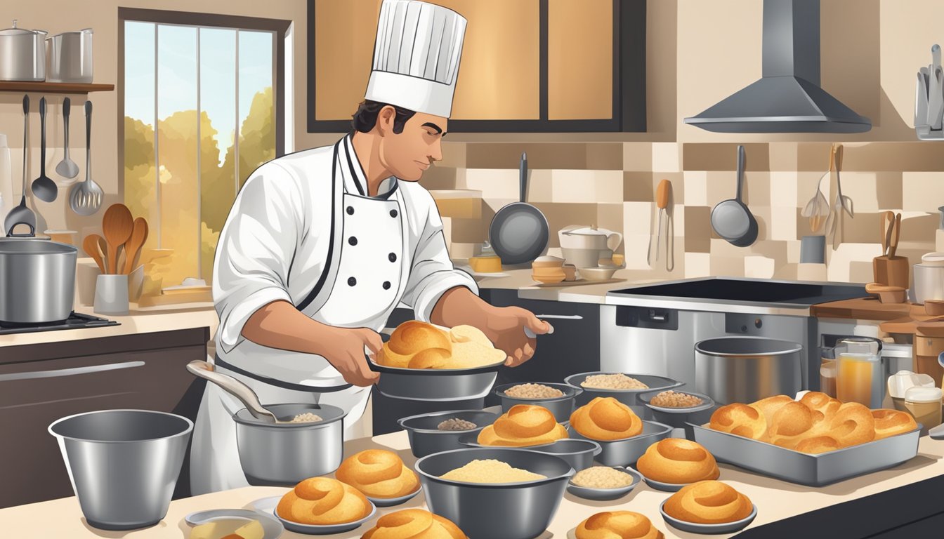 A chef pouring batter into a popover pan, surrounded by ingredients and kitchen utensils