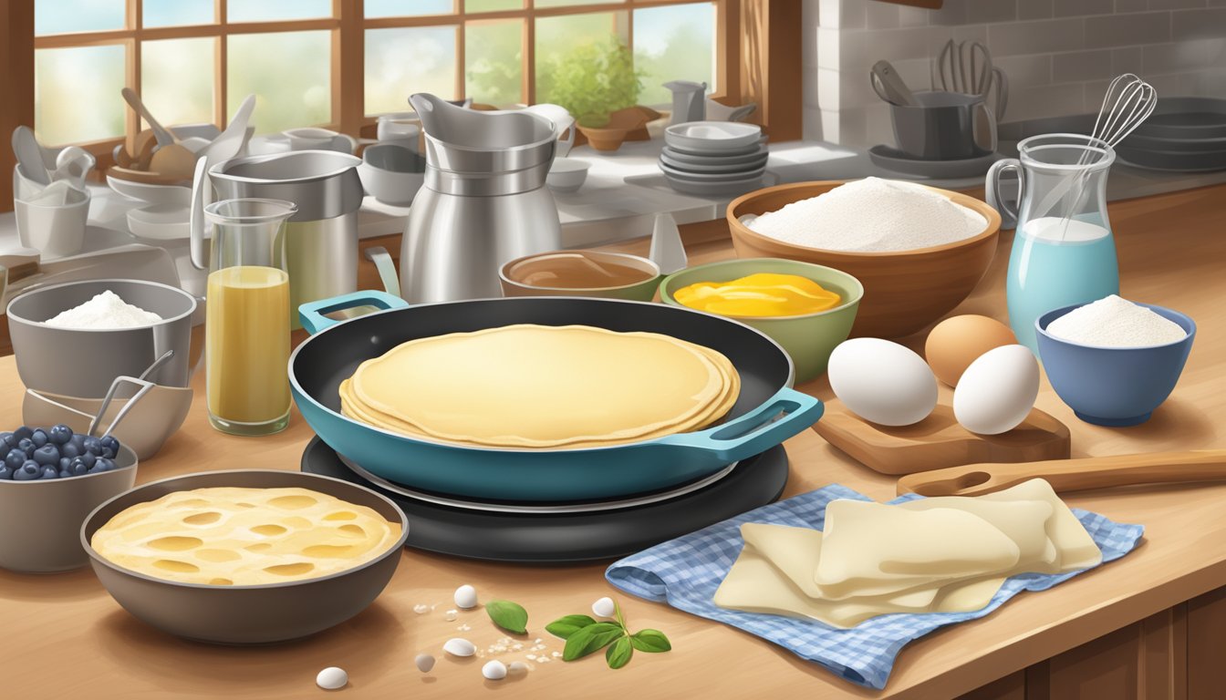 A kitchen counter with a crepe griddle, mixing bowls, whisk, measuring cups, and ingredients like flour, eggs, milk, and butter