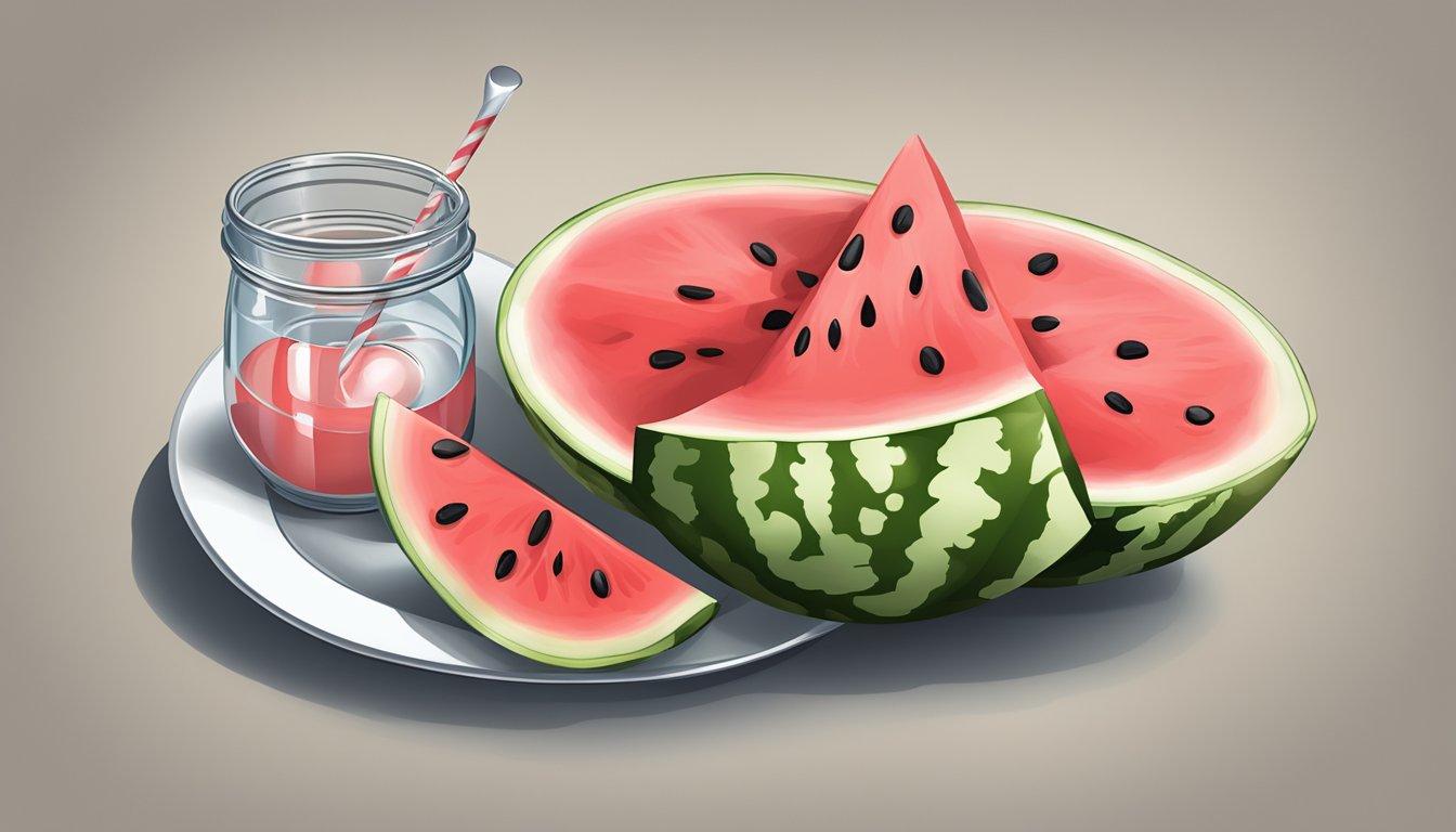 A table with a sliced watermelon, a measuring cup, and a nutrition label