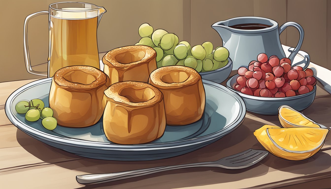 A table set with a plate of golden-brown popovers, accompanied by a bowl of fresh fruit and a pitcher of syrup