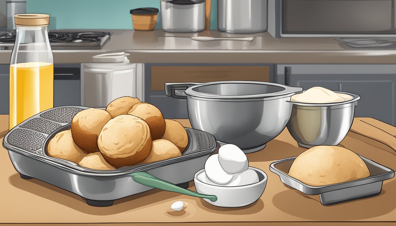 A kitchen counter with ingredients and utensils for making breakfast popovers, including a mixing bowl, flour, eggs, milk, and a muffin tin