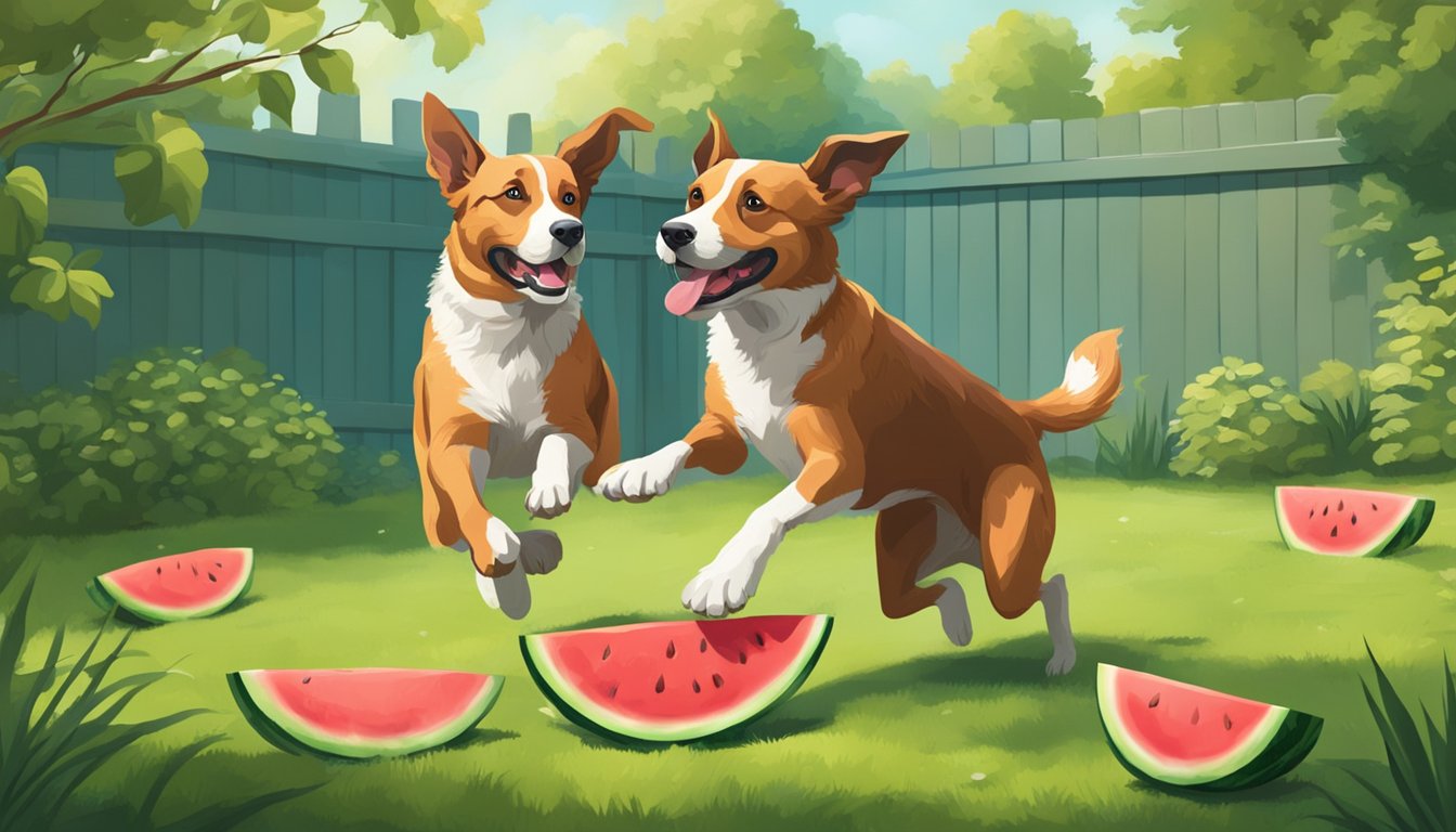 Two dogs playfully chasing a watermelon in a backyard, with the potential hazard of them accidentally bumping into each other or slipping on the wet grass