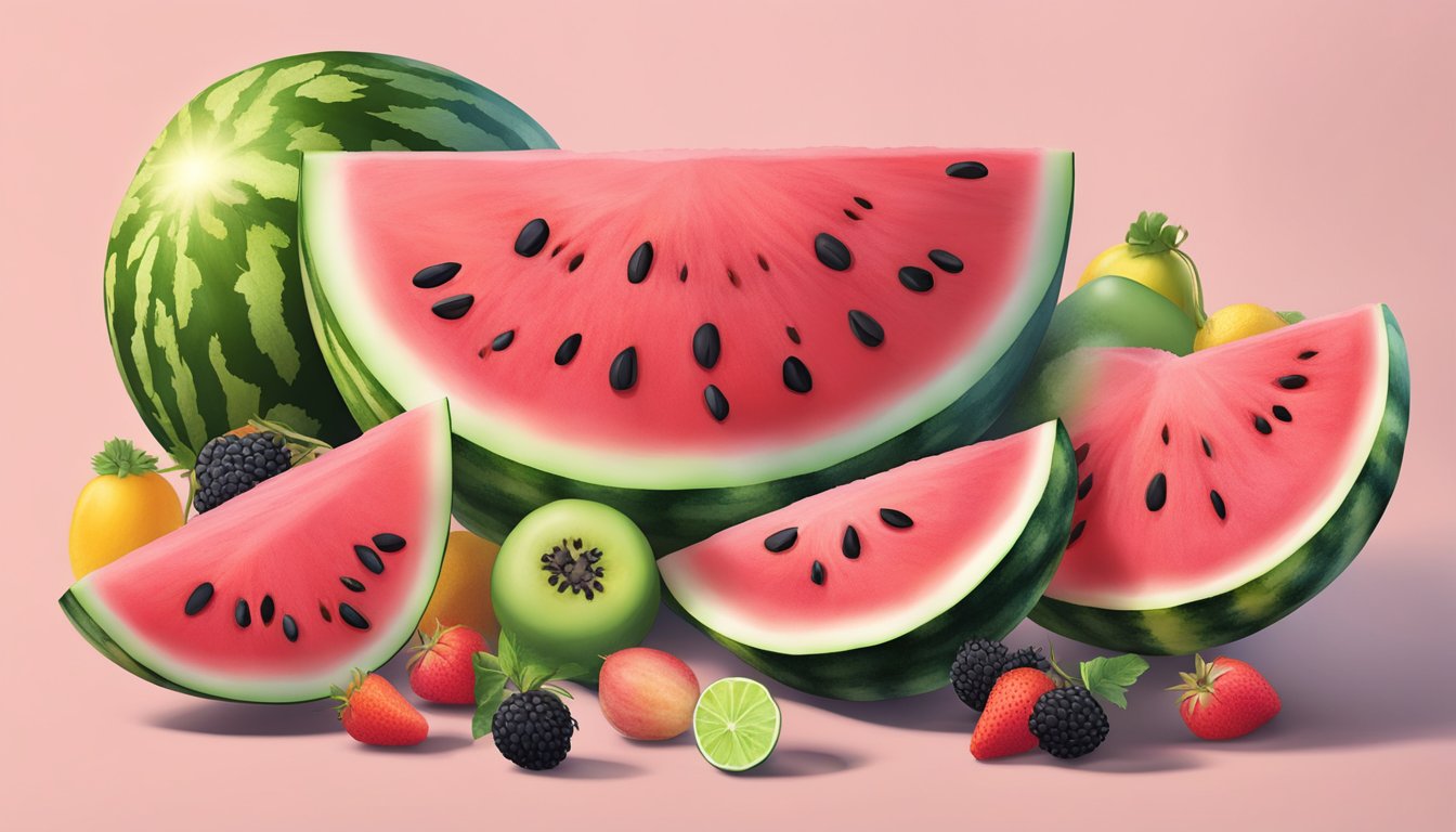 A watermelon sliced open, revealing its vibrant pink flesh and black seeds, surrounded by a variety of fruits and vegetables