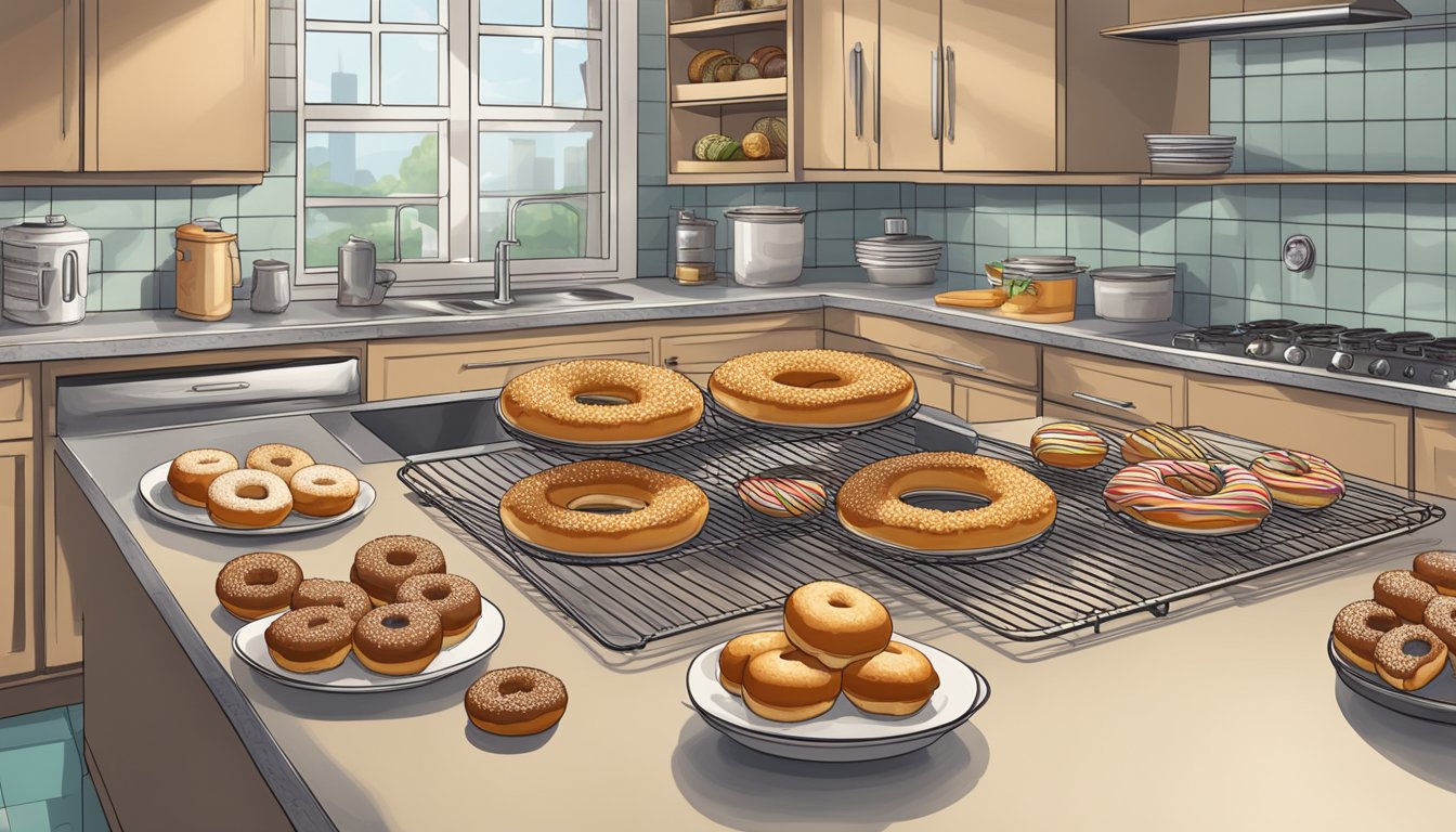 A kitchen counter with freshly baked donuts cooling on a wire rack, surrounded by bowls of glaze and toppings