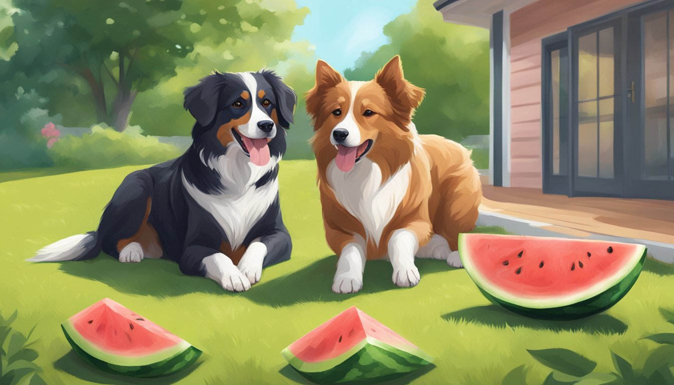 Two dogs, one small and fluffy, the other large and sleek, eagerly munch on slices of watermelon in a sunny backyard