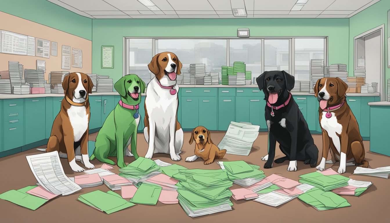 A group of watermelon dogs stand in front of a hospital, surrounded by stacks of insurance paperwork and medical bills