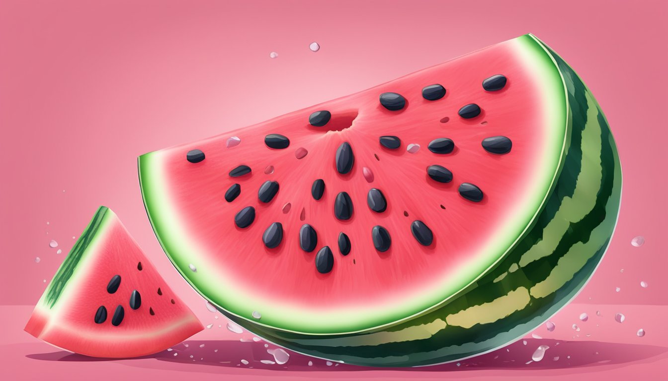 A watermelon sliced open, revealing its vibrant pink flesh and dark seeds. A few droplets of juice glisten on the surface