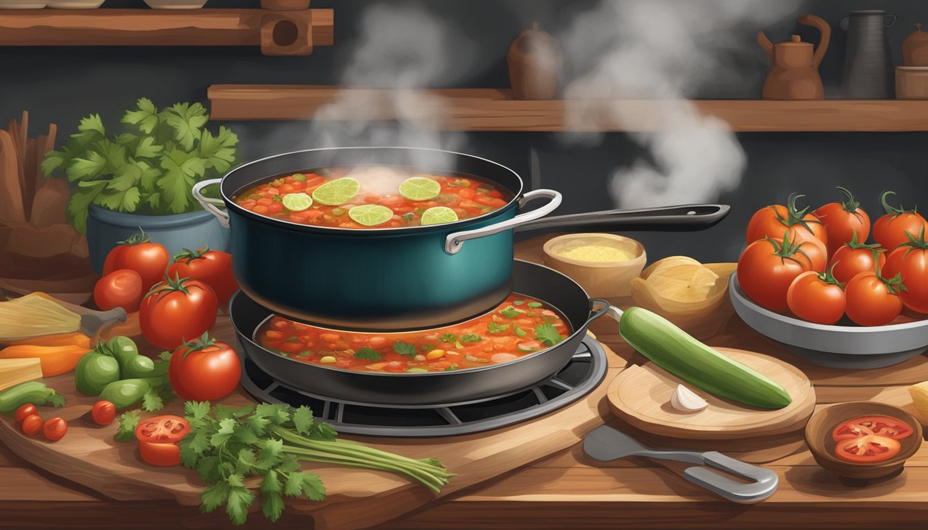 A rustic kitchen with a steaming skillet of entomatadas cooking over a wood-burning stove, surrounded by fresh ingredients like tomatoes, onions, and cilantro