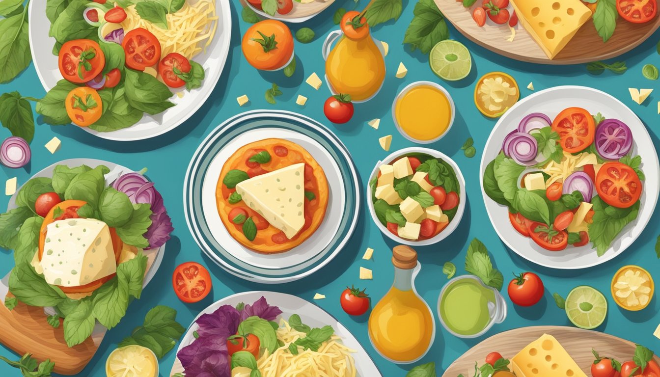 A table set with a plate of entomatadas topped with cheese, surrounded by a colorful array of fresh ingredients