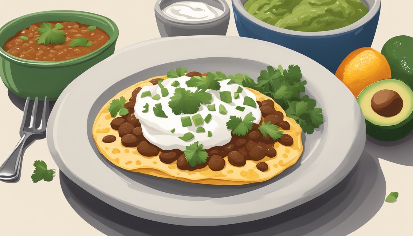 A table set with a plate of entomatadas topped with cheese, sour cream, and fresh cilantro, accompanied by a side of refried beans and sliced avocado