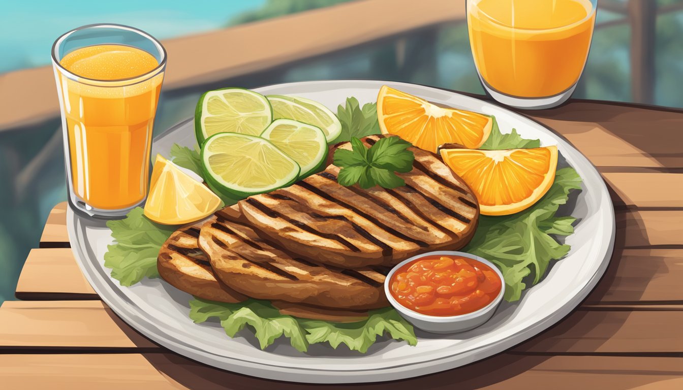 A plate of perfectly grilled sincronizadas with fresh ingredients and a side of salsa, accompanied by a glass of freshly squeezed orange juice