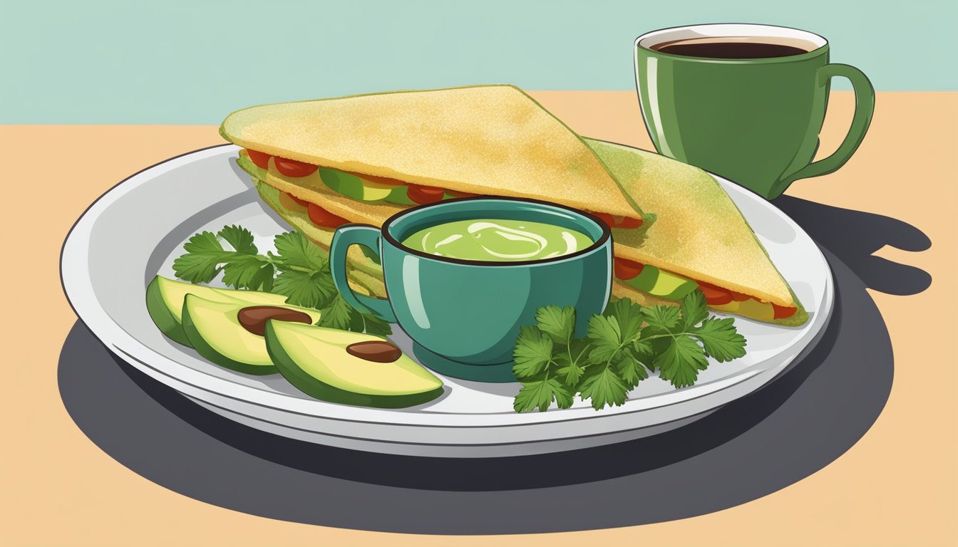 A plate of entomatadas topped with fresh cilantro and a side of sliced avocado, served with a steaming cup of coffee