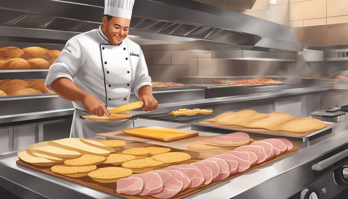 A chef carefully layers ham, cheese, and tortillas, then grills to perfection. Ingredients are neatly arranged nearby