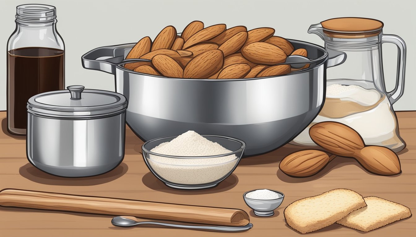 A kitchen counter with assorted ingredients and utensils for making biscotti, including flour, sugar, vanilla extract, almonds, and a mixing bowl