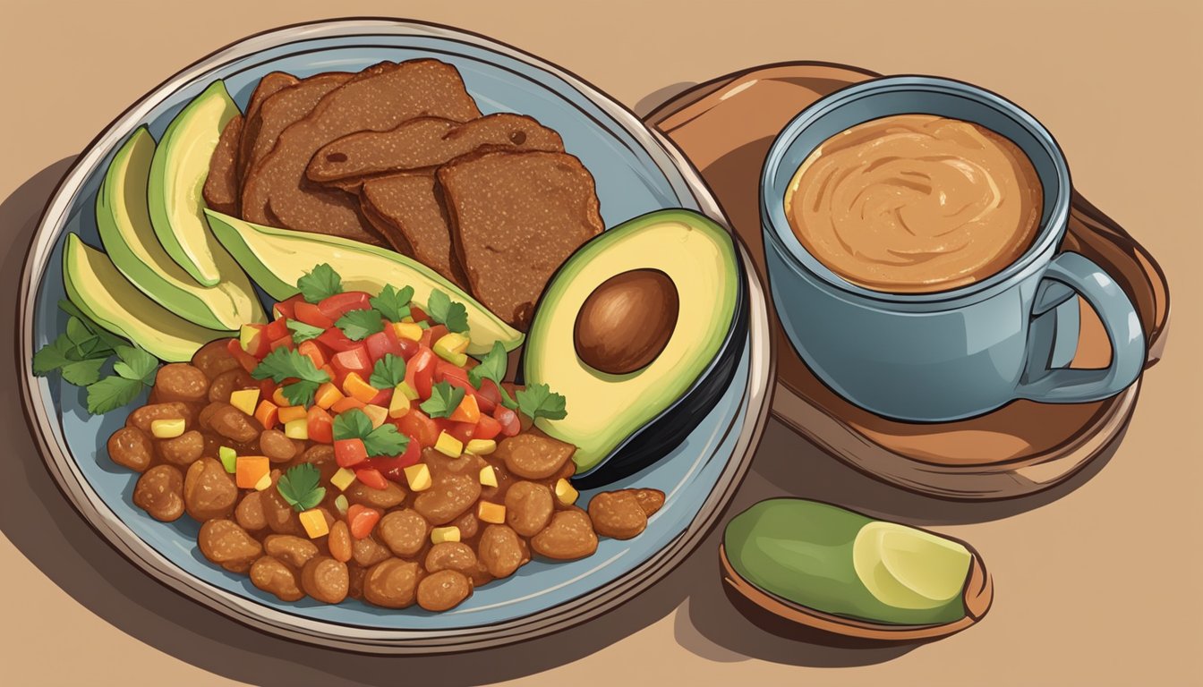 A plate of golden brown sincronizadas topped with fresh salsa and avocado, accompanied by a side of refried beans and a steaming cup of coffee