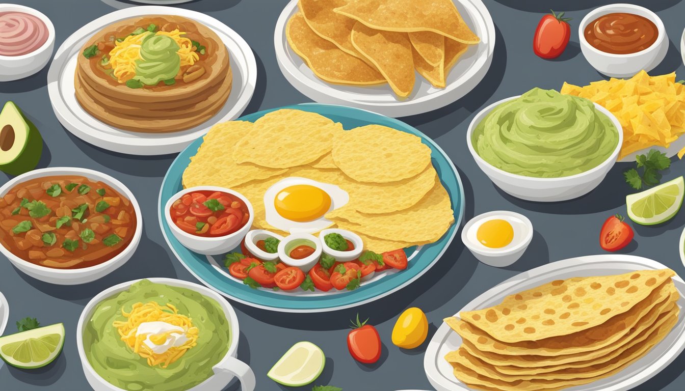 A plate of perfectly layered breakfast sincronizadas, surrounded by variations and related dishes such as salsa, guacamole, and refried beans