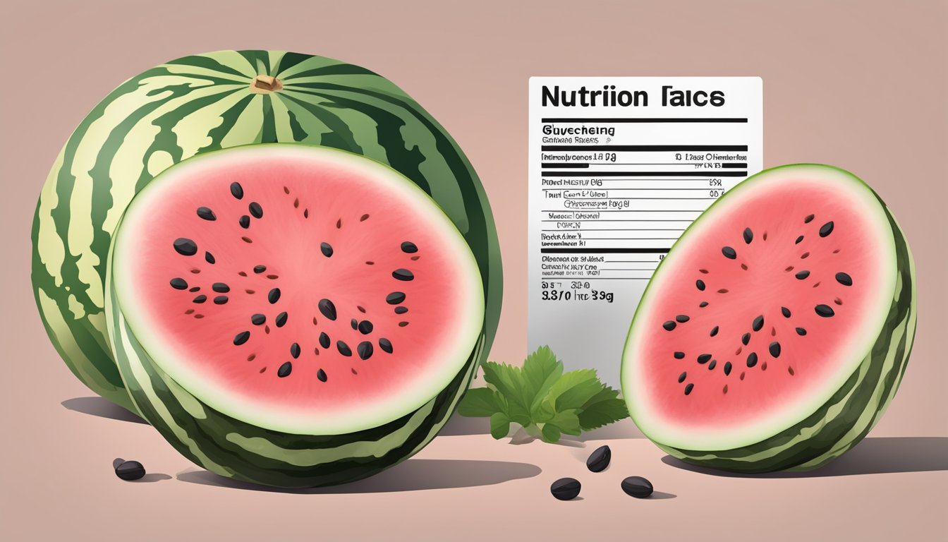 A watermelon with a slice cut out, revealing the juicy pink flesh and black seeds. A nutrition label with glycemic index information is next to it