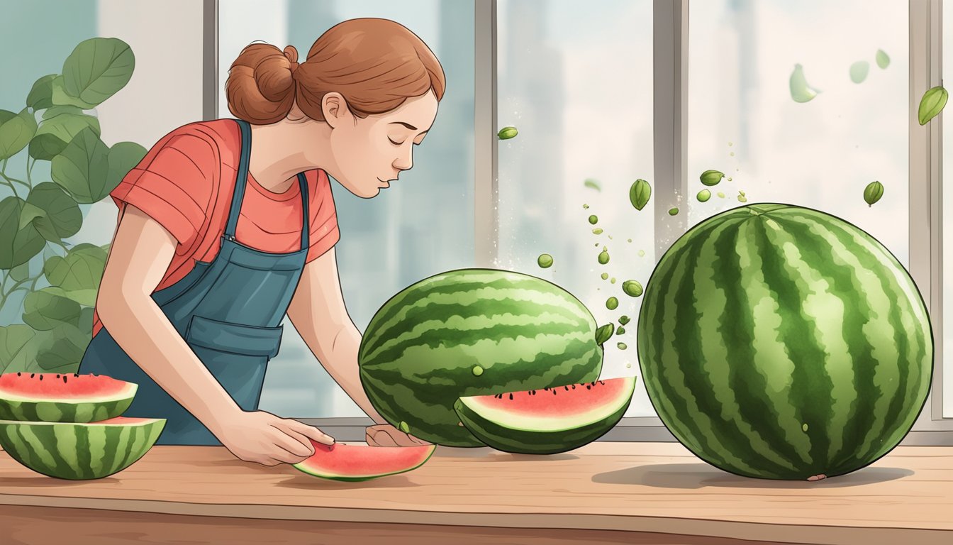 A person dropping a watermelon and experiencing an allergic reaction