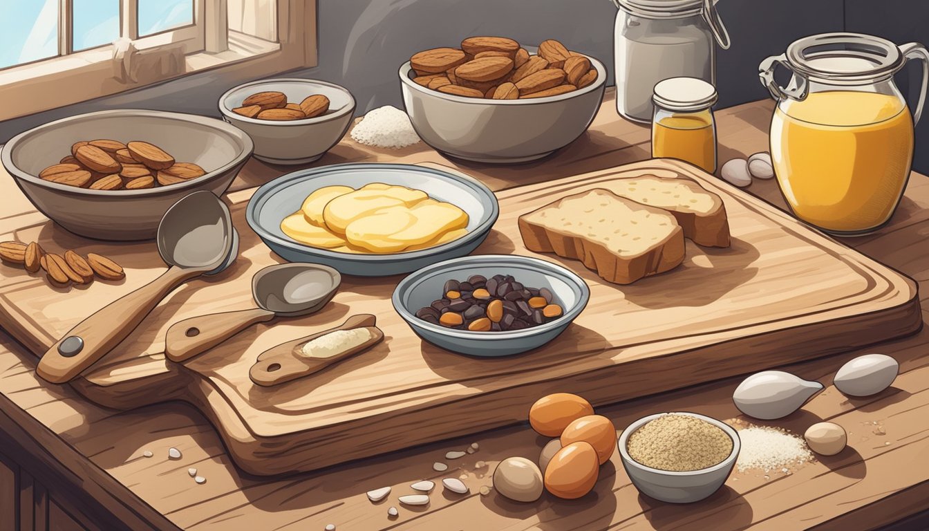 A rustic kitchen counter with a wooden cutting board, a mixing bowl, a whisk, and various ingredients like flour, eggs, and dried fruit laid out to make homemade breakfast biscotti