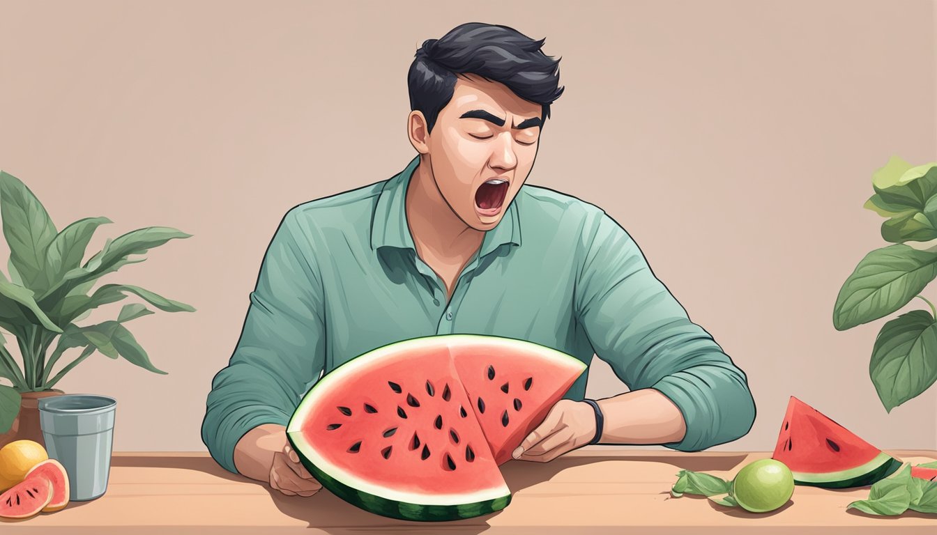 A person dropping a slice of watermelon and reacting with a swollen throat and hives