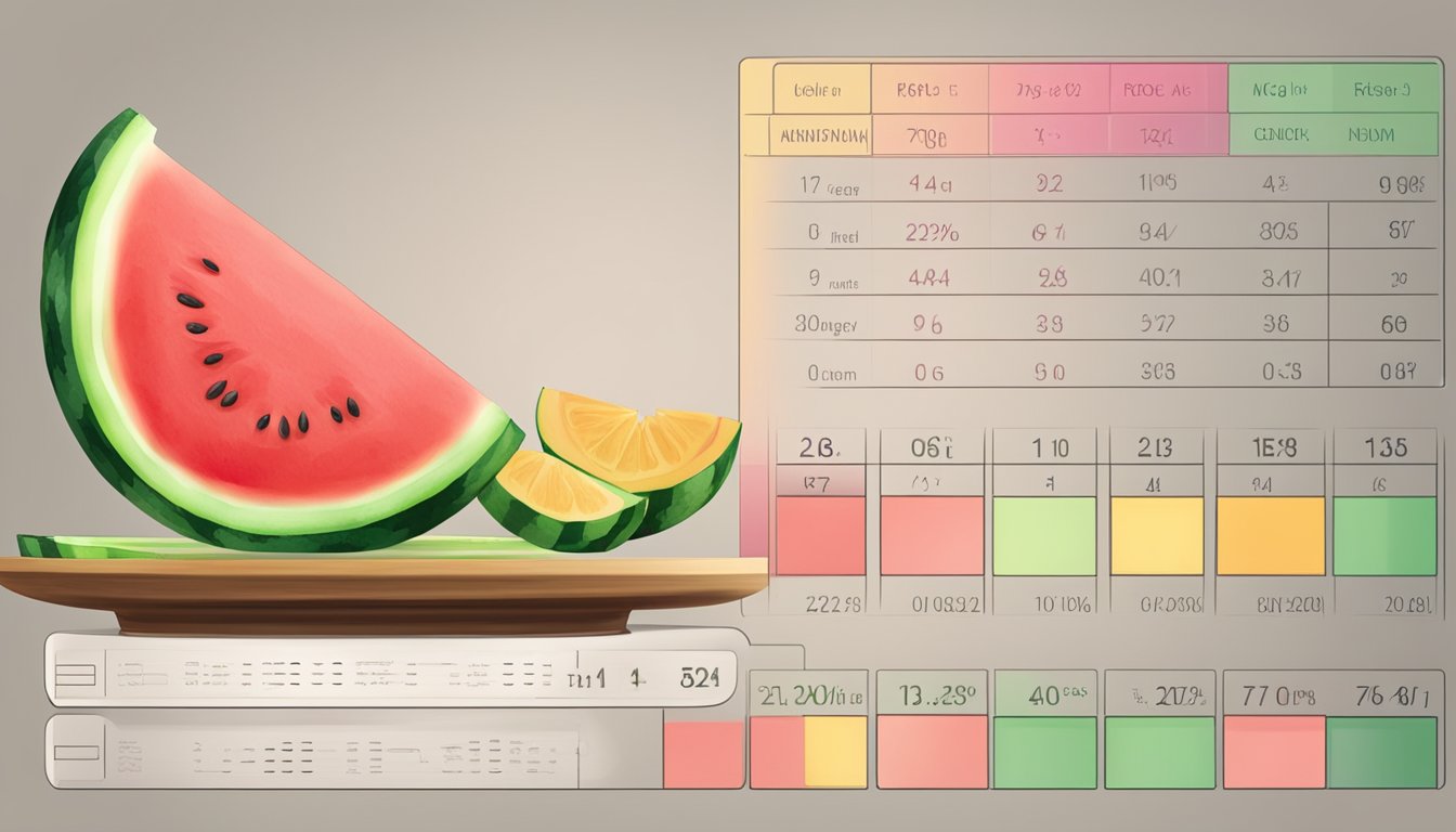 A watermelon sliced on a plate with a glycemic index chart in the background