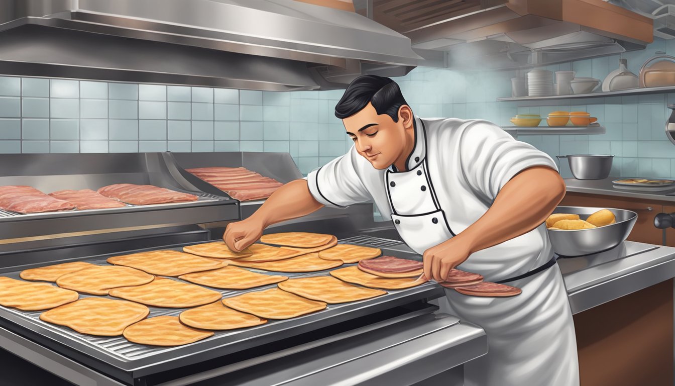 A chef carefully arranging layers of ham, cheese, and tortillas on a sizzling griddle, preparing a customized sincronizada for breakfast