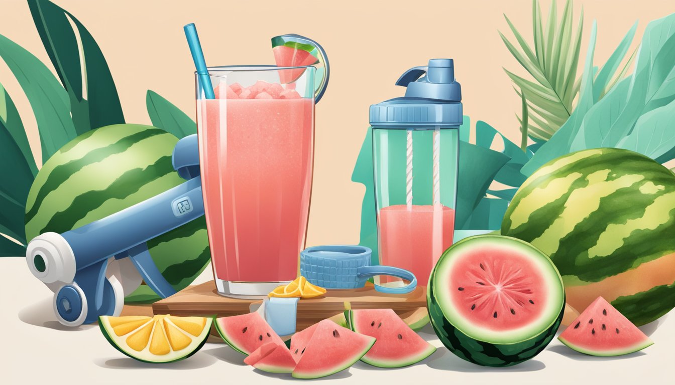 A watermelon rind being blended into a refreshing drink, surrounded by exercise equipment and athletic gear