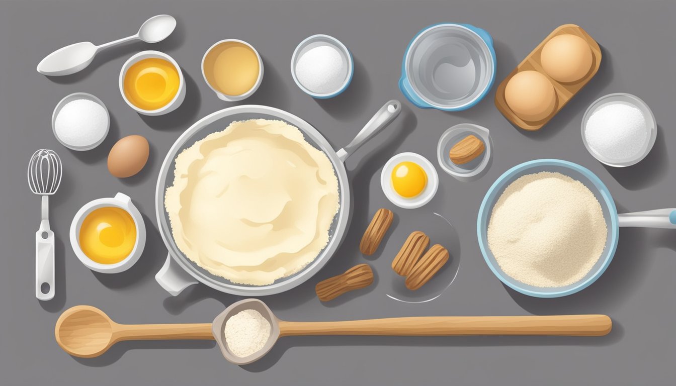 A kitchen counter with ingredients (flour, sugar, eggs) and tools (mixing bowl, spoon, baking sheet) laid out for making biscotti