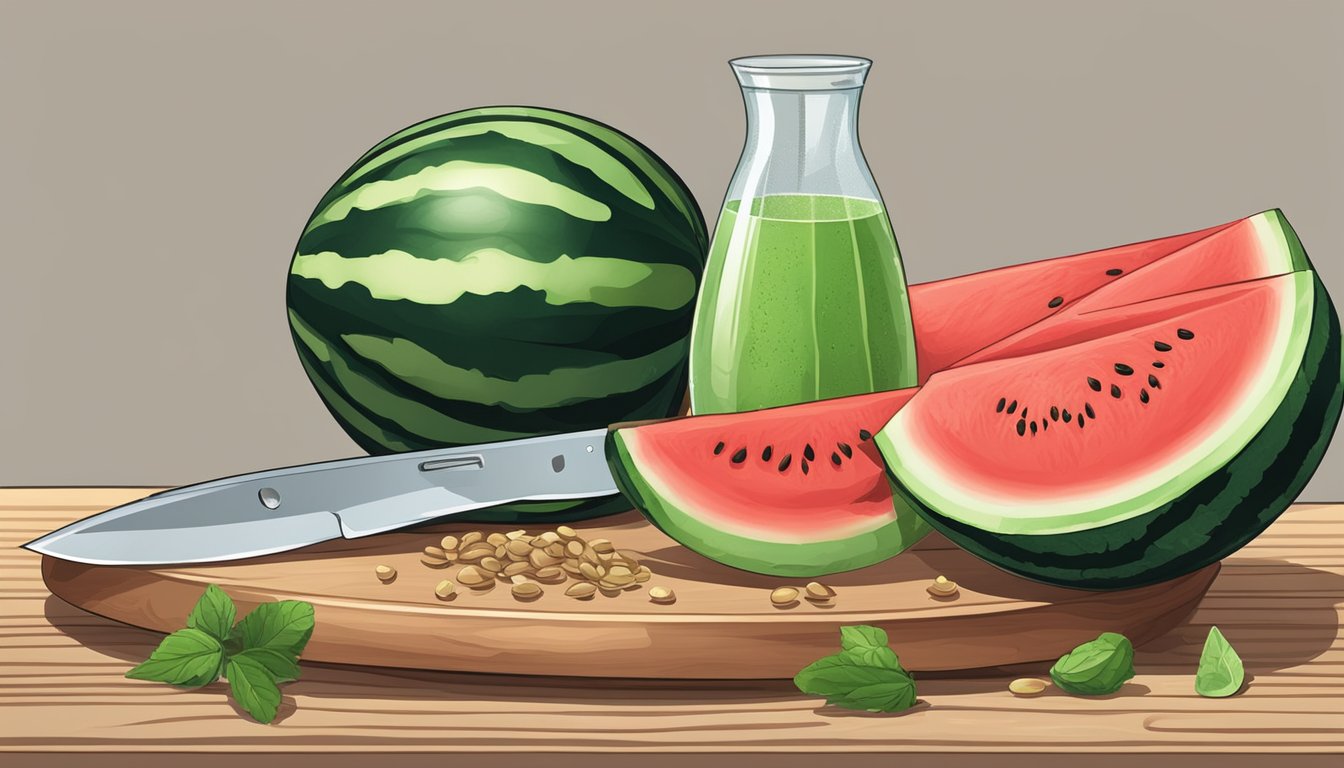 A watermelon rind sits on a wooden cutting board, surrounded by scattered seeds and a knife. A glass of watermelon juice is nearby