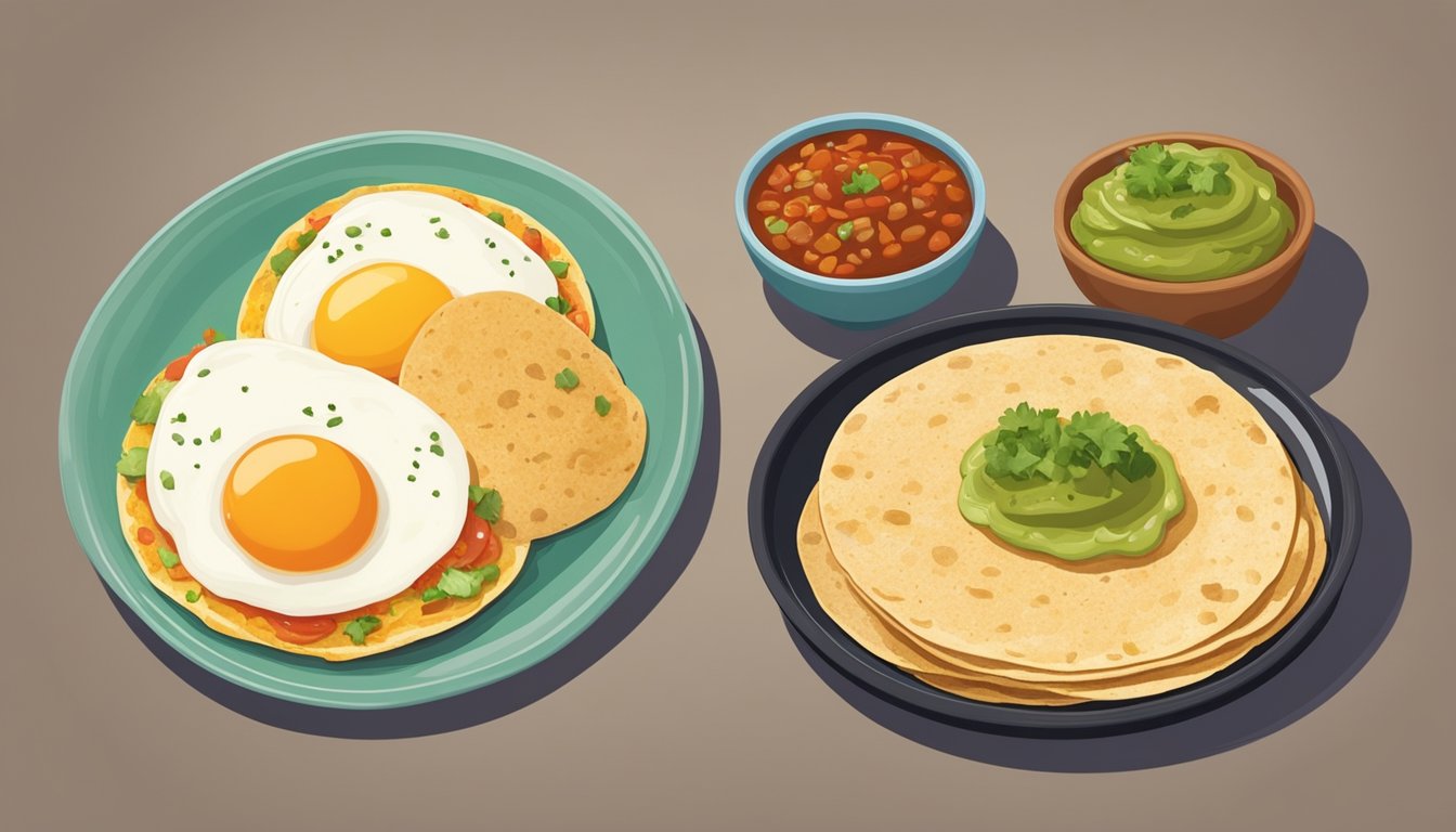 Two perfectly cooked eggs, one topped with red salsa and the other with green, sit on a plate next to a mound of refried beans and crispy tortillas