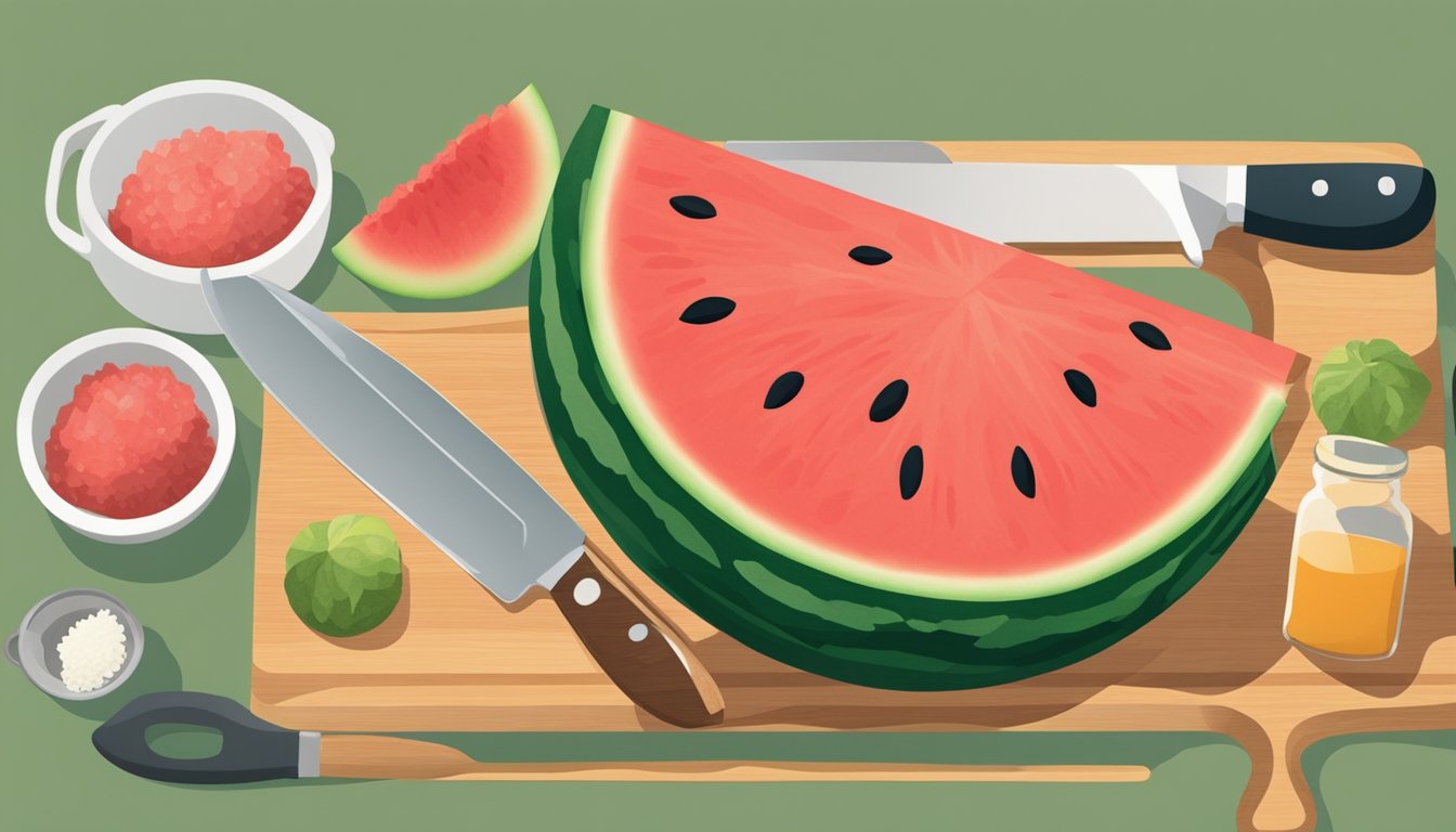 A watermelon rind sits on a cutting board, surrounded by a knife and various kitchen utensils. A pregnant woman's silhouette is visible in the background