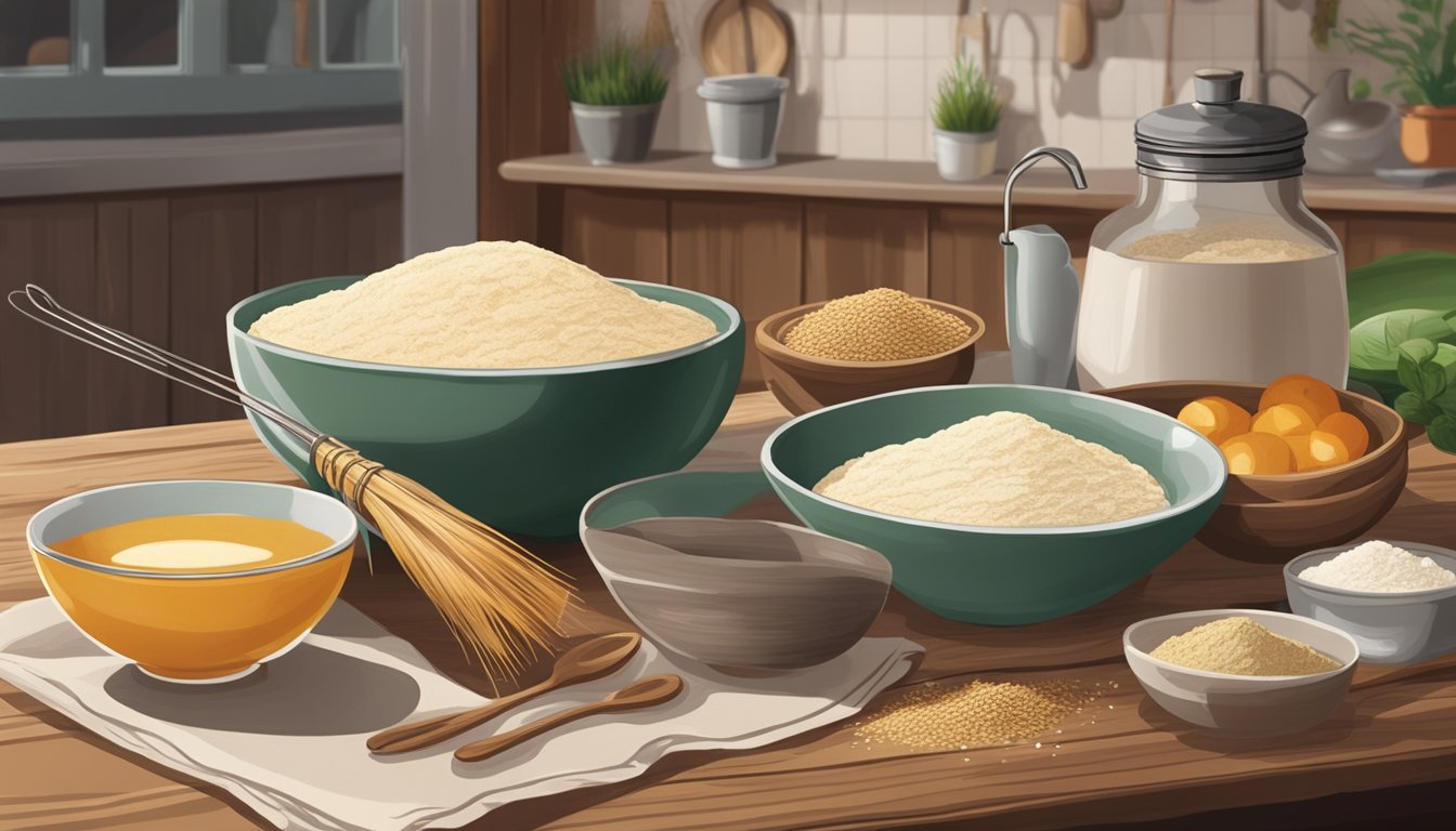 A rustic kitchen with a wooden table set for breakfast, featuring a bowl of einkorn flour, a whisk, a mixing bowl, and fresh ingredients