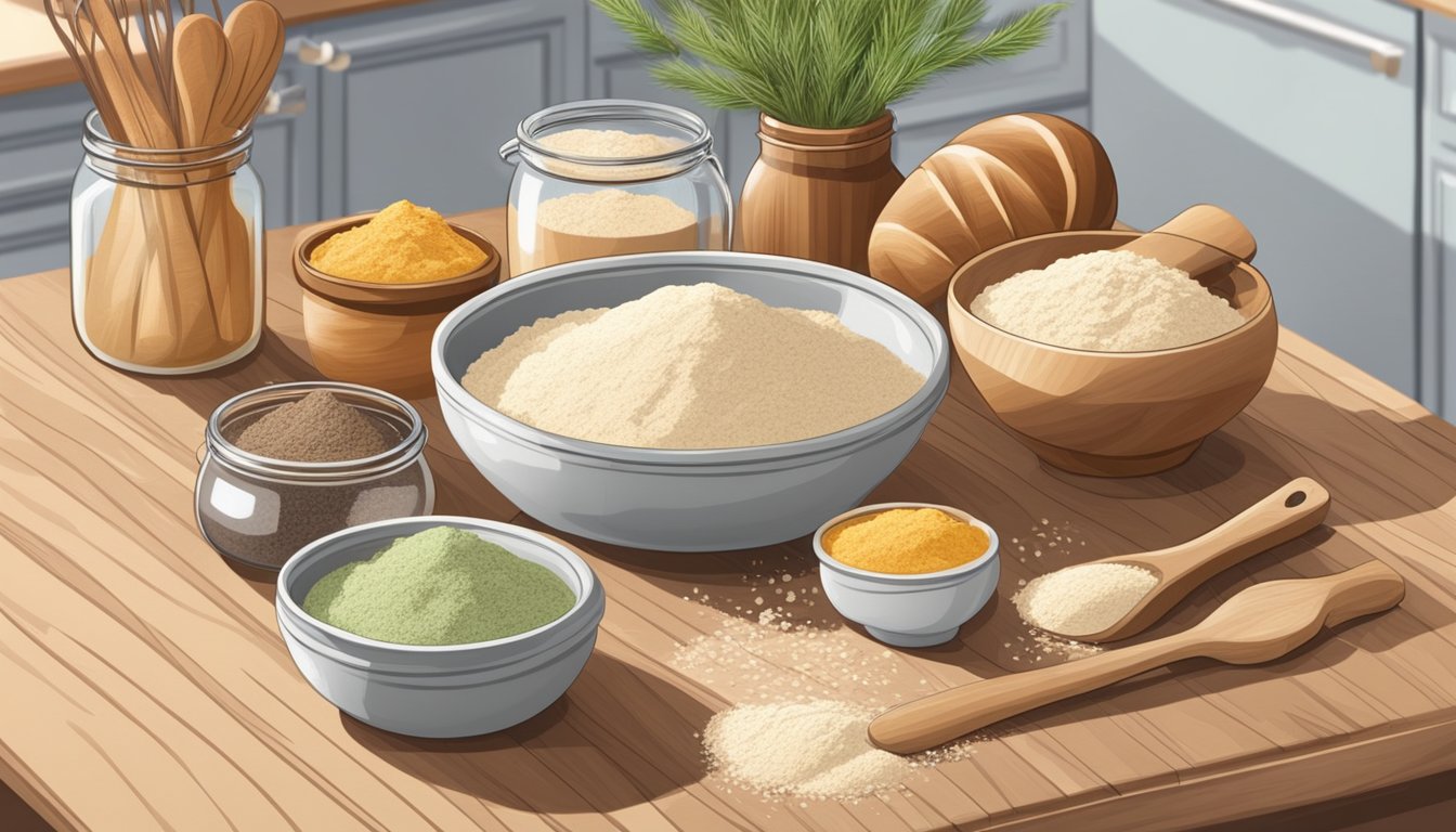 A bright, organized kitchen with a wooden cutting board, a bowl of fresh einkorn flour, a whisk, and various baking ingredients on the counter